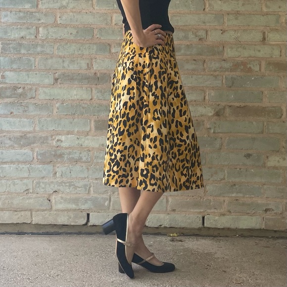 St. John Skirt Leopard Print Pleated Drop Waist Orange Black Cotton Silk Midi - Picture 5 of 16